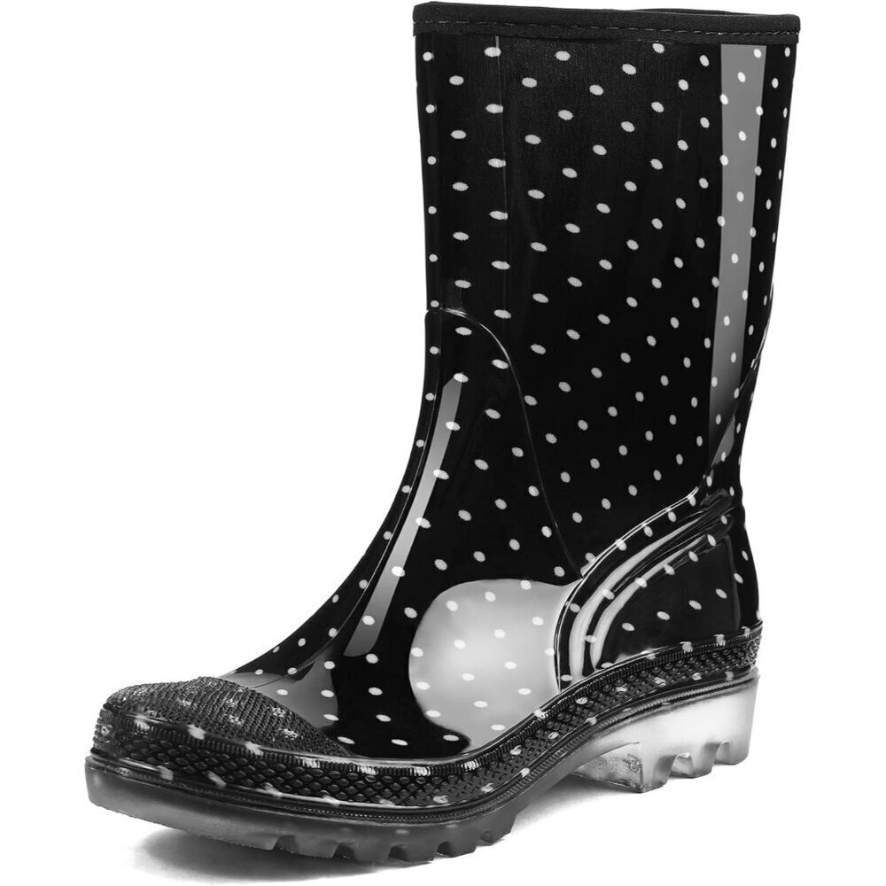 Women's Black White Dot Lightweight Fashion Wide Calf Waterproof Rain Boots